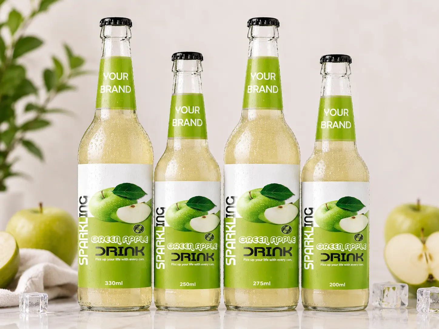 SPARKLING DRINK Green Apple Flavored Drink in 330ml, 250ml, 275ml, and 200ml glass bottles.